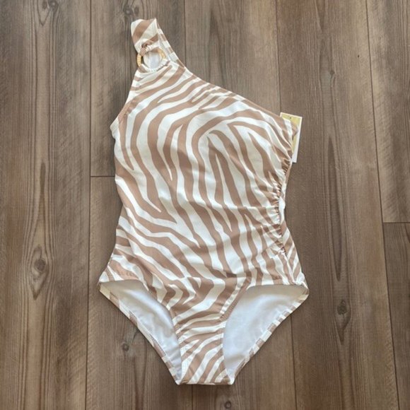 Michael Kors Brown Zebra Pint one Shoulder Ring Logo One piece Swimsuit Size 10 - Picture 2 of 10